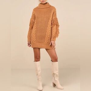 Lulus NWT Fringe Heart Tan Oversized Chunky Knit Turtleneck Sweater Mini Dress S